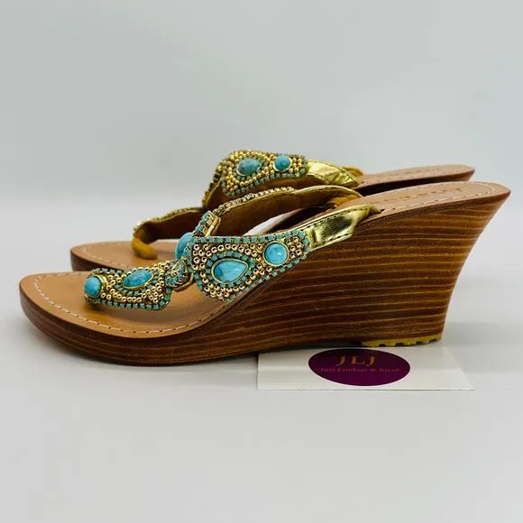 Mystique Women's Hand Crafted Turquoise Jeweled Wedge Thong Sandals Size 8