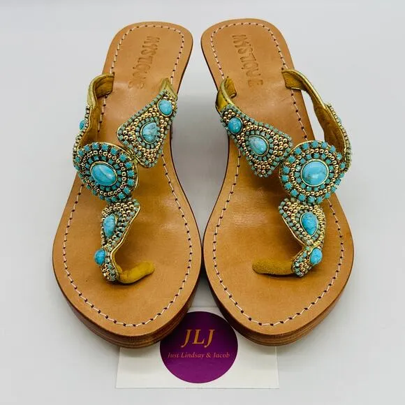 Mystique Women's Hand Crafted Turquoise Jeweled Wedge Thong Sandals Size 8