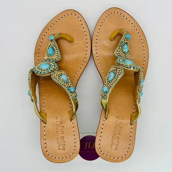 Mystique Women's Hand Crafted Turquoise Jeweled Wedge Thong Sandals Size 8