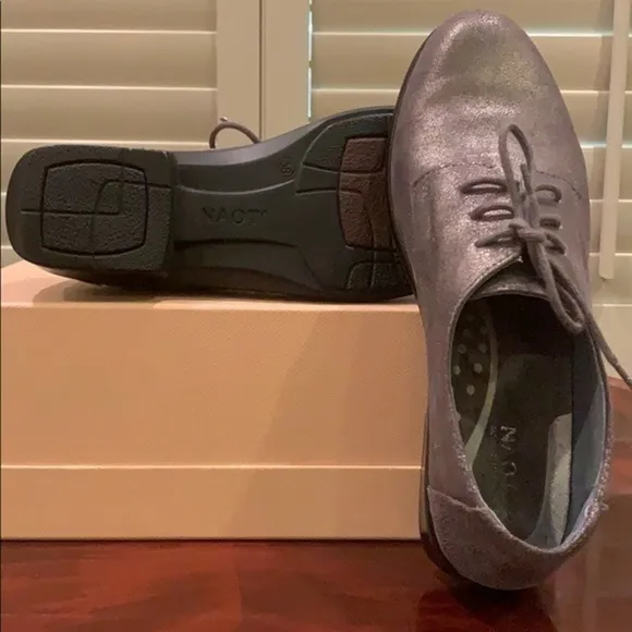 NAOT lace up pewter/metallic leather flats