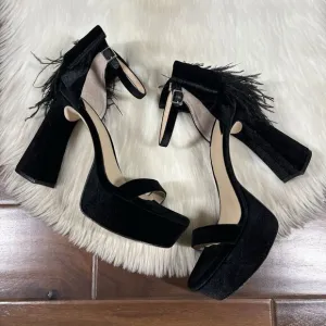 NEW Antonio Melani Size 8.5 M Black Velvet Janie Feather Platform Heels Sandals‎