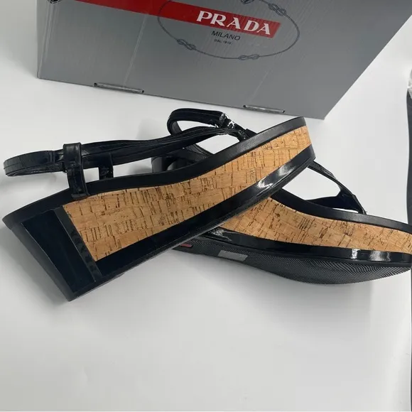 NEW AUTH PRADA SPORT ROSA LINEA 38 8 CORK PLATFORM PATENT THONG SANDAL BLACK NIB