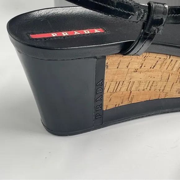 NEW AUTH PRADA SPORT ROSA LINEA 38 8 CORK PLATFORM PATENT THONG SANDAL BLACK NIB