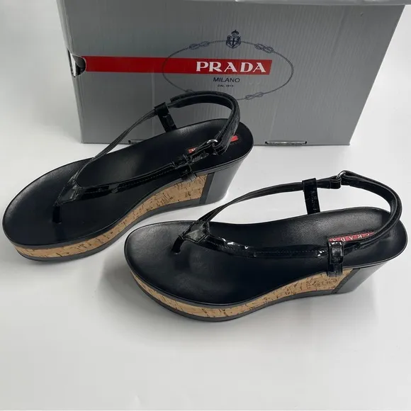 NEW AUTH PRADA SPORT ROSA LINEA 38 8 CORK PLATFORM PATENT THONG SANDAL BLACK NIB