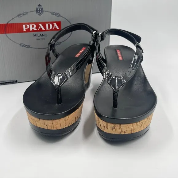 NEW AUTH PRADA SPORT ROSA LINEA 38 8 CORK PLATFORM PATENT THONG SANDAL BLACK NIB