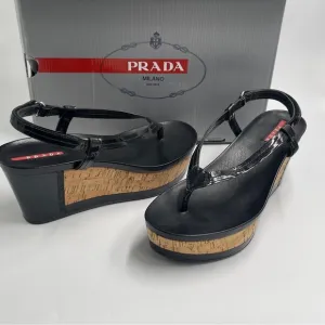 NEW AUTH PRADA SPORT ROSA LINEA 38 8 CORK PLATFORM PATENT THONG SANDAL BLACK NIB