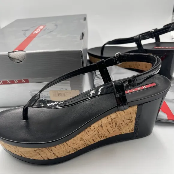 NEW AUTH PRADA SPORT ROSA LINEA 38 8 CORK PLATFORM PATENT THONG SANDAL BLACK NIB
