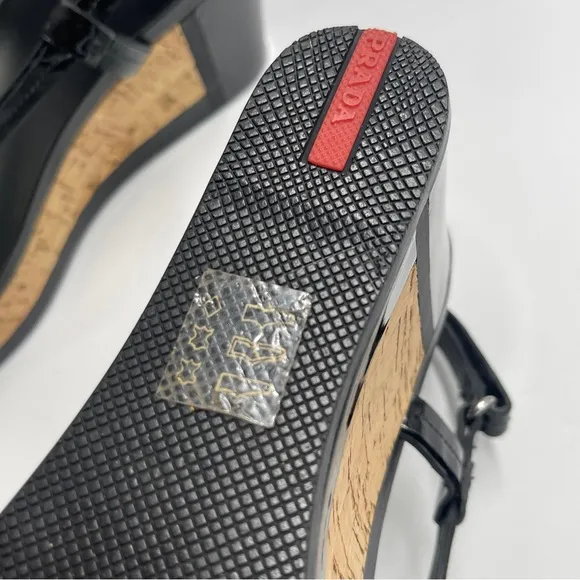 NEW AUTH PRADA SPORT ROSA LINEA 38 8 CORK PLATFORM PATENT THONG SANDAL BLACK NIB