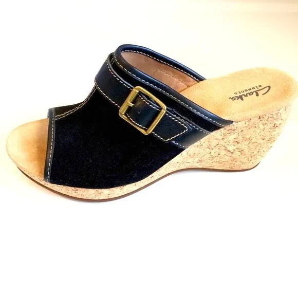 New CLARKS Artisan Black Suede Cork Wedge Open-toe Mule 11