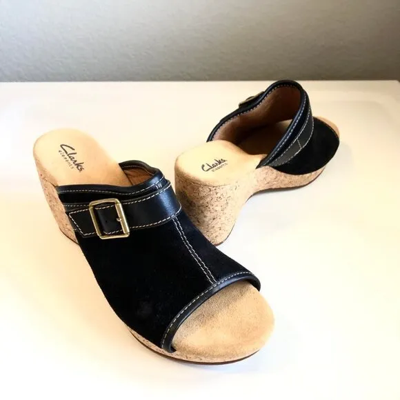 New CLARKS Artisan Black Suede Cork Wedge Open-toe Mule 11