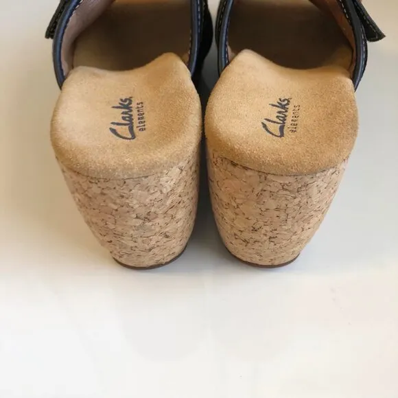 New CLARKS Artisan Black Suede Cork Wedge Open-toe Mule 11