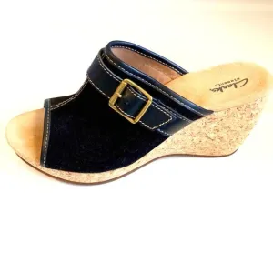 New CLARKS Artisan Black Suede Cork Wedge Open-toe Mule 11