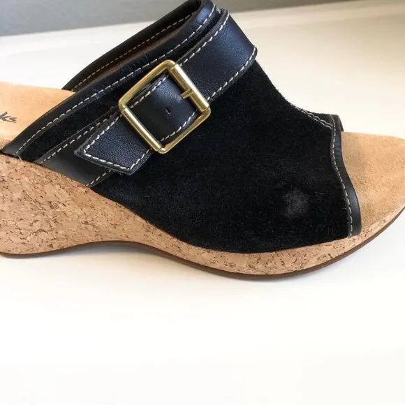 New CLARKS Artisan Black Suede Cork Wedge Open-toe Mule 11