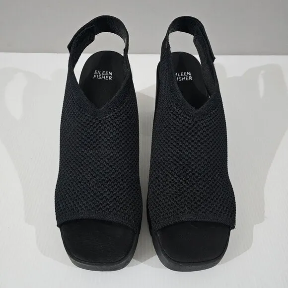 NEW Eileen Fisher Cue Heel Slingback Chunky Platform Black Stretch Knit Size 11