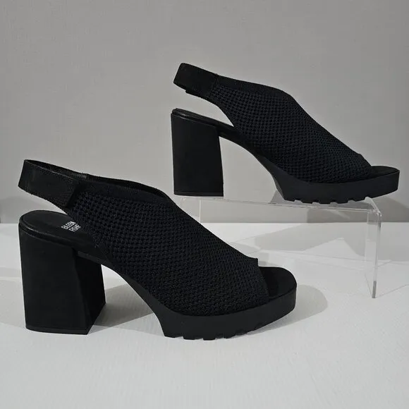 NEW Eileen Fisher Cue Heel Slingback Chunky Platform Black Stretch Knit Size 11