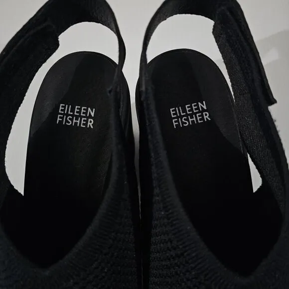 NEW Eileen Fisher Cue Heel Slingback Chunky Platform Black Stretch Knit Size 11