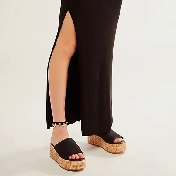 NEW Free People Harbor Raffia Suede Leather Platform Flatform Sandals in  Black