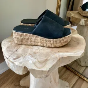 NEW Free People Harbor Raffia Suede Leather Platform Flatform Sandals in  Black