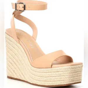 NEW Gianni Bini Tan leather platform wedge espadrille sandals women size 6