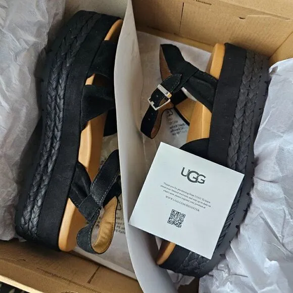 NEW IN BOX UGG NEUSCH BLACK GENUINE LEATHER PLATFORM SANDALS SIZE 9.5