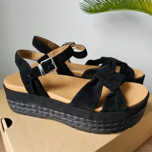 NEW IN BOX UGG NEUSCH BLACK GENUINE LEATHER PLATFORM SANDALS SIZE 9.5