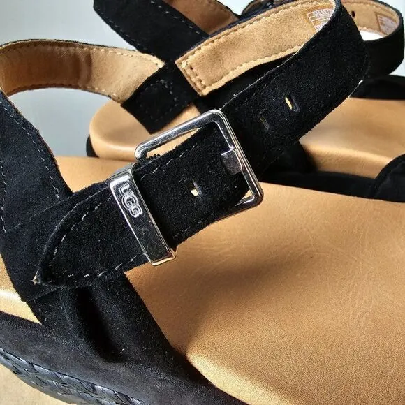 NEW IN BOX UGG NEUSCH BLACK GENUINE LEATHER PLATFORM SANDALS SIZE 9.5