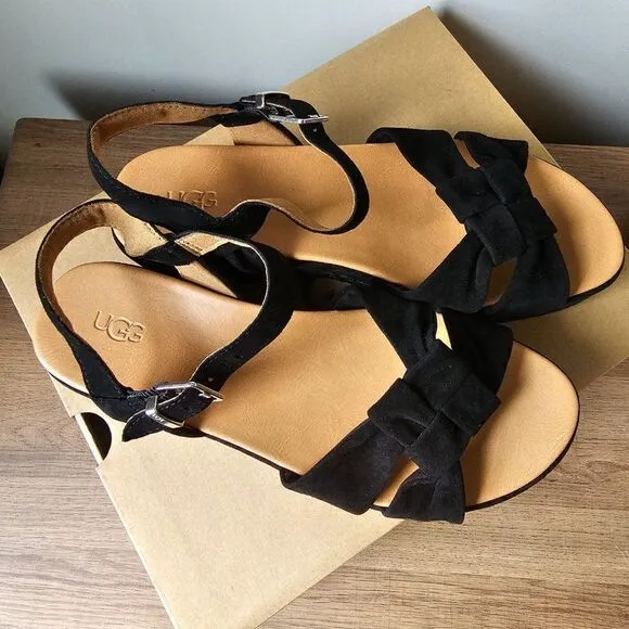 NEW IN BOX UGG NEUSCH BLACK GENUINE LEATHER PLATFORM SANDALS SIZE 9.5