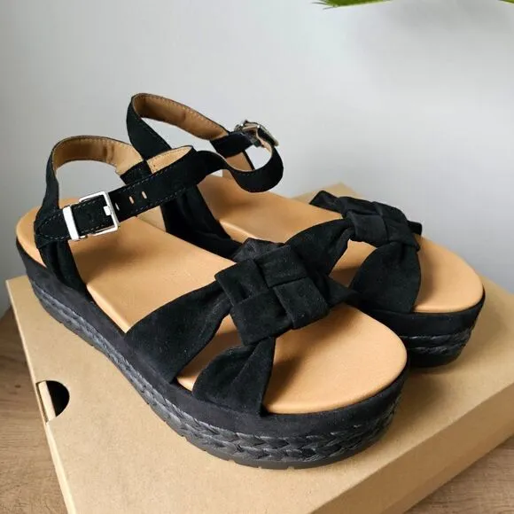 NEW IN BOX UGG NEUSCH BLACK GENUINE LEATHER PLATFORM SANDALS SIZE 9.5