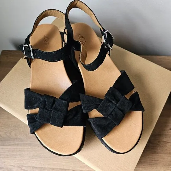 NEW IN BOX UGG NEUSCH BLACK GENUINE LEATHER PLATFORM SANDALS SIZE 9.5
