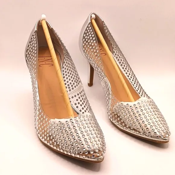 New INC Zitah heels Size 8W Clear Vinyl Rhinestone Silver 3 inch Heels 8 wide