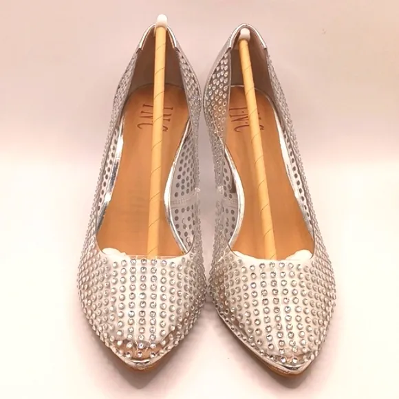 New INC Zitah heels Size 8W Clear Vinyl Rhinestone Silver 3 inch Heels 8 wide