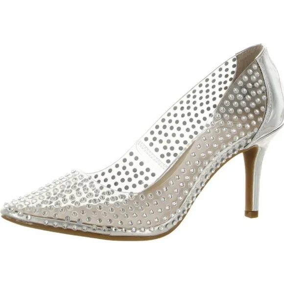 New INC Zitah heels Size 8W Clear Vinyl Rhinestone Silver 3 inch Heels 8 wide