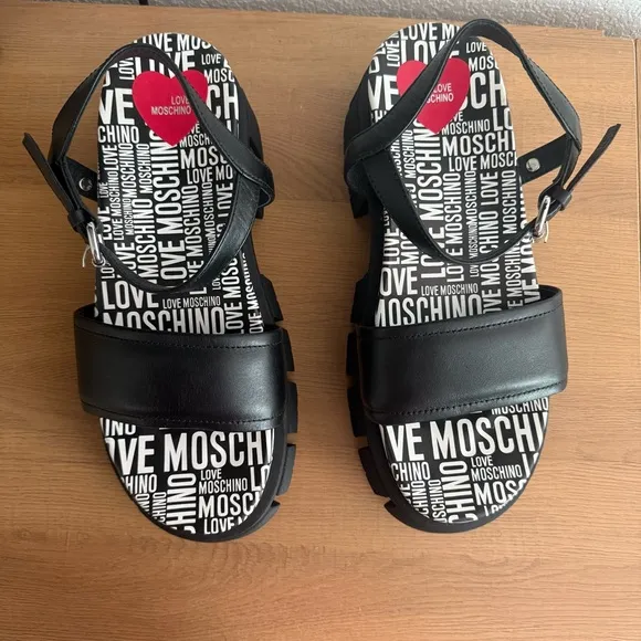 NEW Love Moschino Ankle Strap Platform Lug Sole Sandals in Black 41