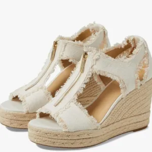NEW Michael Kors Women's Berkley Wedge Sandals Cream Color Fringed Denim SZ 10