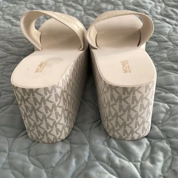 NEW Michael Michael Kors White Tall Logo Monogram Platform Slide Sandals size 10