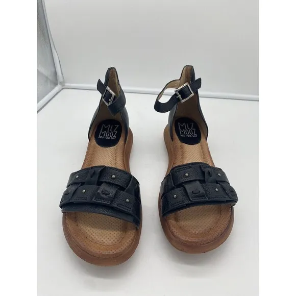 New Miz Mooz Indra Leather Studded Ankle Strap Sandals Black Sz EU 42 US 10.5-11