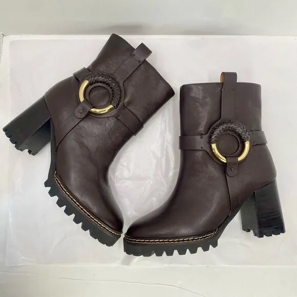 New See by Chloé Hana Ankle Boot Cedar Brown Heel Women’s 38 or 7 Luxury NWOB