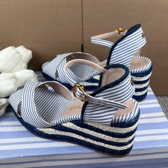 NEW Size 8.5 Stuart Weitzman Mirela Nautical Navy Espadrille Wedge Sandal Shoes