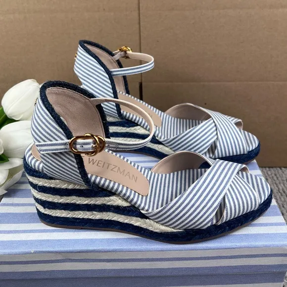 NEW Size 8.5 Stuart Weitzman Mirela Nautical Navy Espadrille Wedge Sandal Shoes