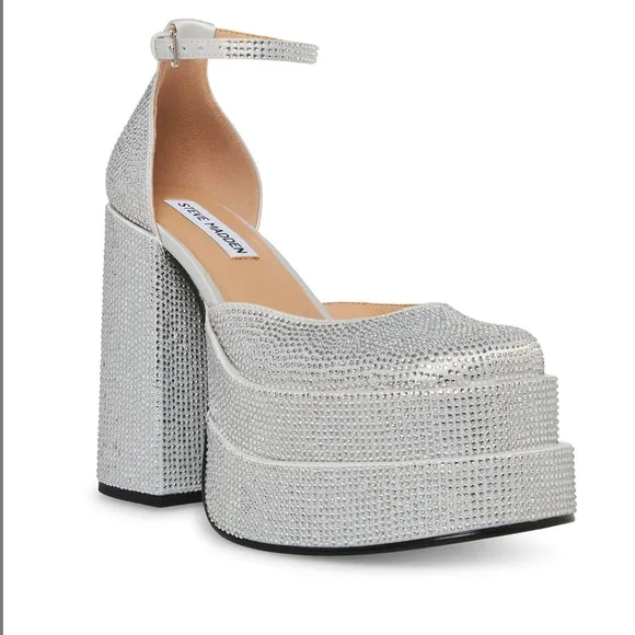 New Steve Madden Charlize Rhinestone Silver white platform heels