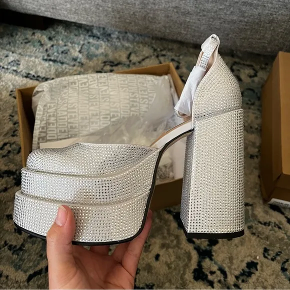 New Steve Madden Charlize Rhinestone Silver white platform heels