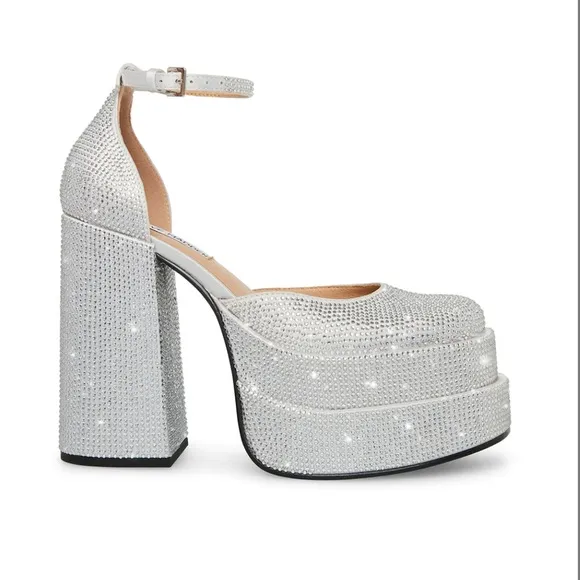 New Steve Madden Charlize Rhinestone Silver white platform heels