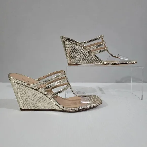 NEW Stuart Weitzman Deco 85 Wedge Sandal Platino Metallic Gold Leather 7.5