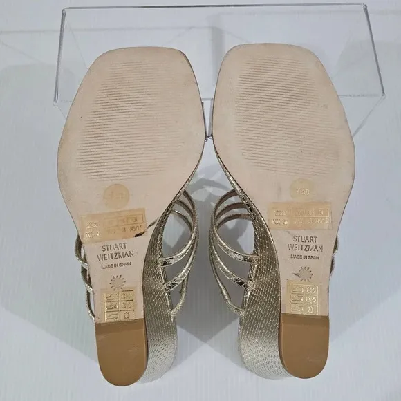 NEW Stuart Weitzman Deco 85 Wedge Sandal Platino Metallic Gold Leather 7.5