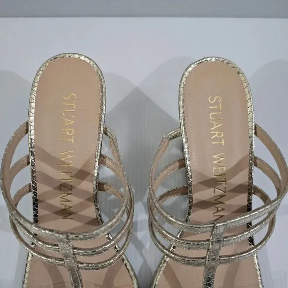 NEW Stuart Weitzman Deco 85 Wedge Sandal Platino Metallic Gold Leather 7.5