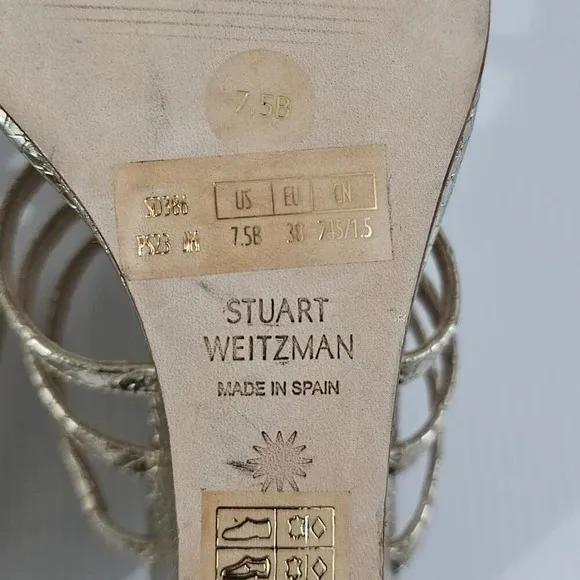NEW Stuart Weitzman Deco 85 Wedge Sandal Platino Metallic Gold Leather 7.5