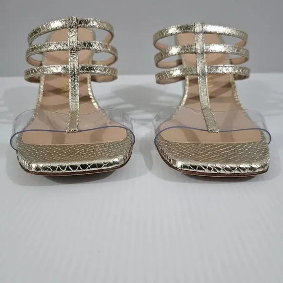 NEW Stuart Weitzman Deco 85 Wedge Sandal Platino Metallic Gold Leather 7.5