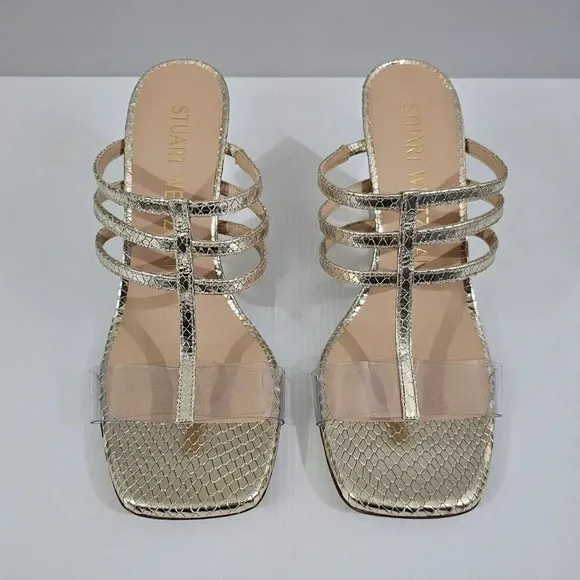 NEW Stuart Weitzman Deco 85 Wedge Sandal Platino Metallic Gold Leather 7.5
