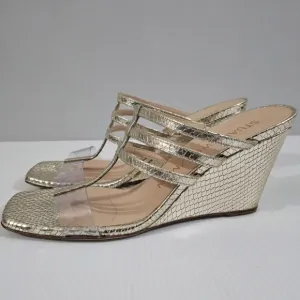 NEW Stuart Weitzman Deco 85 Wedge Sandal Platino Metallic Gold Leather 7.5