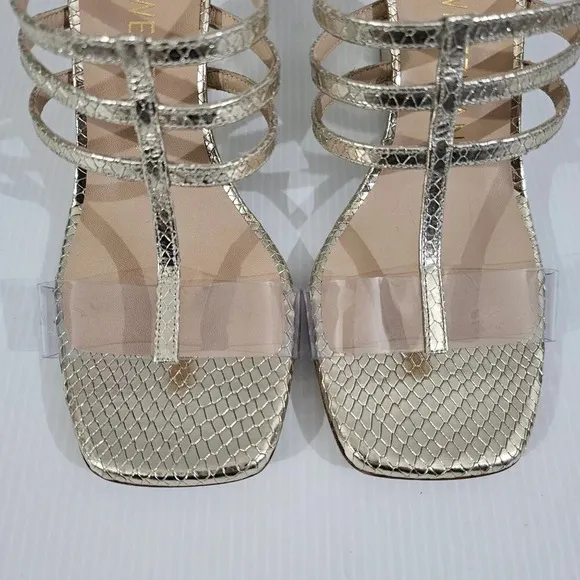 NEW Stuart Weitzman Deco 85 Wedge Sandal Platino Metallic Gold Leather 7.5